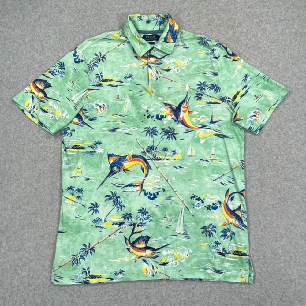 Polo Ralph Lauren Shirt Mens Medium Green Marlin Tropical‎ Fishing Short Sleeve